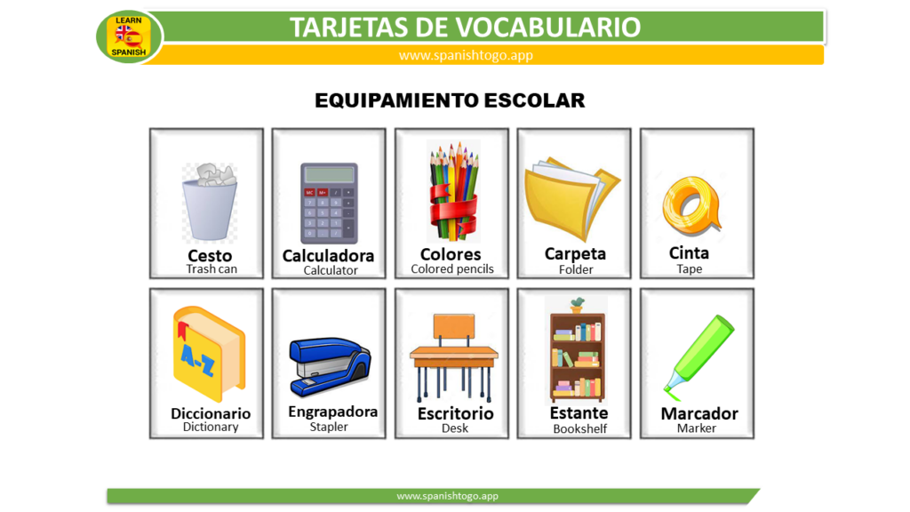 School Equipment Flashcards in  Spanish