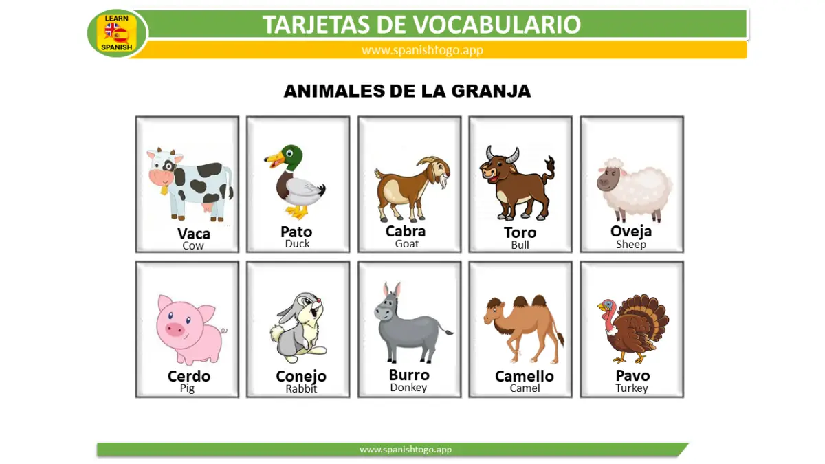Farm Animals Flashcards in Spanish