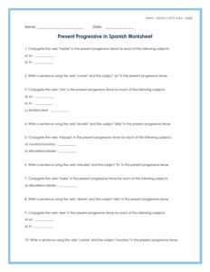 Present Progressive in Spanish Worksheet
