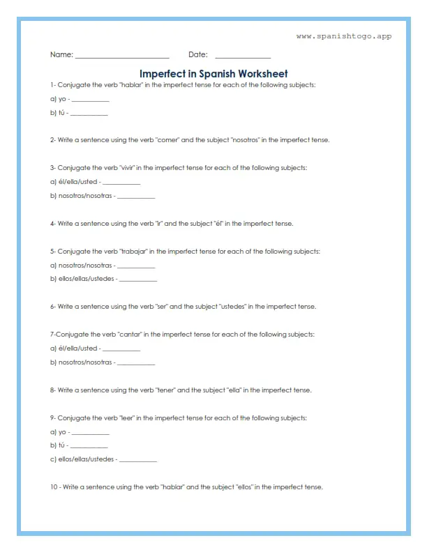 Imperfect in Spanish Worksheet