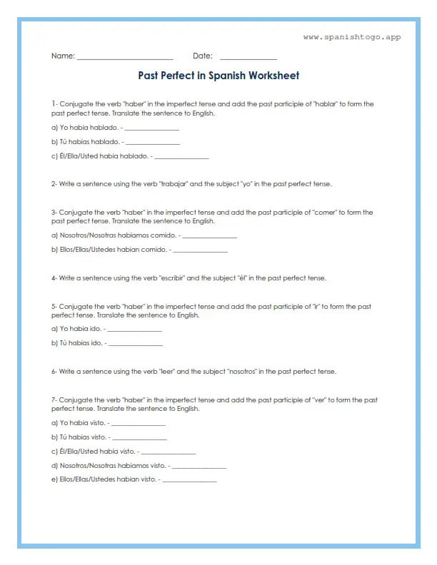 Past Perfect in Spanish Worksheet
