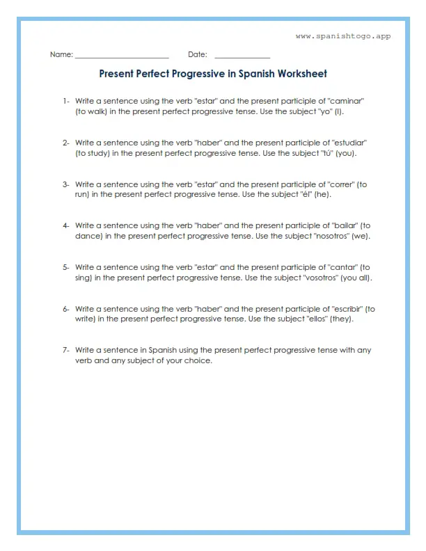 Present Perfect Progressive in Spanish Worksheet