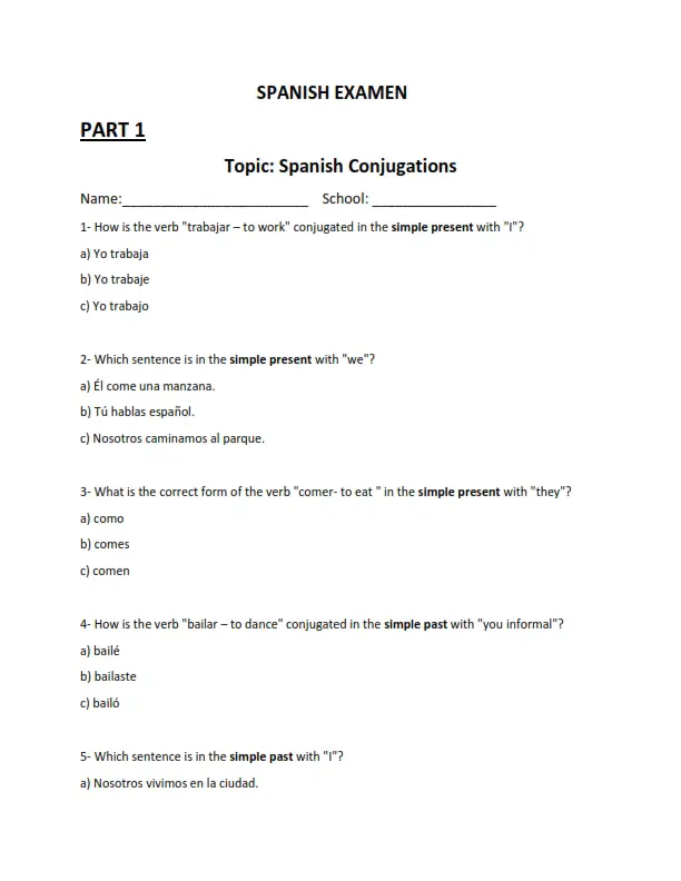 Spanish Conjugations – Examen